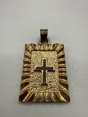 Vintage Gold Textured Rectangle Cross Pendant Charm Medallion Y2K Aesthetic